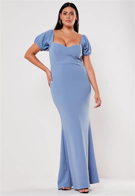 Plus Size Bridesmaid Blue Sweetheart Puff Sleeve Maxi Dress | Missguided