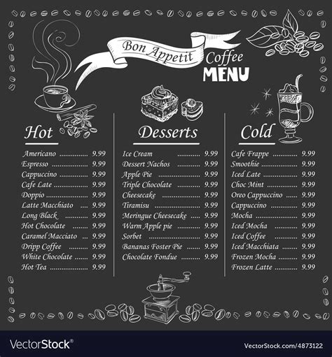 Food can be obtained by cooking using kitchen appliances, like the stove and purchasing food products from a variety of locations, or by gardening. Coffee menu on chalkboard Royalty Free Vector Image