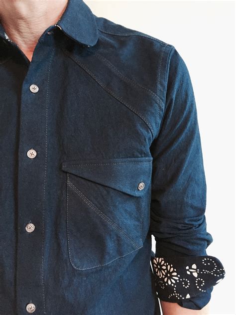 Solid Indigo Shirt Hand Dyed With Cotton Floral Pattern Details