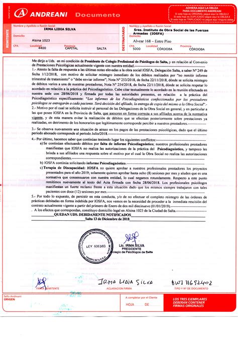 Carta Documento A La Obra Social Iosfa Colegio Profesional De