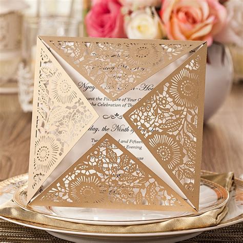 12packlot Design Rustic Gold Wedding Invitations Laser Cut Invitation Cards With Insert Paper