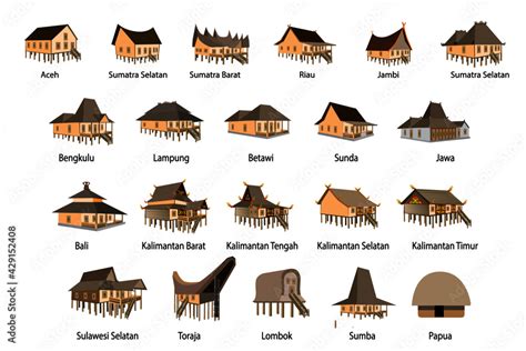 Set Of Icons Of Traditional Houses From Indonesia Rumah Adat Daerah