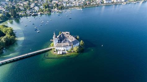 Traunsee Lake Castle In Salzburg Austria An Island In The Middle Of