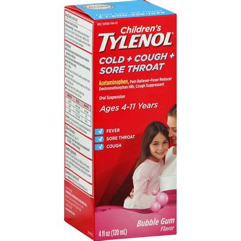 Tylenol Childrens Cold Cough Sore Throat Bubble Gum Oral