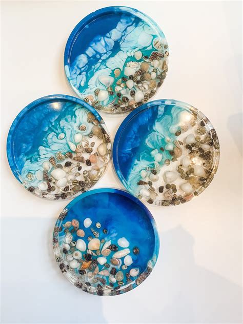 Set Of 4 Beach Coasters With Real Seashells Shell Coasters Etsy