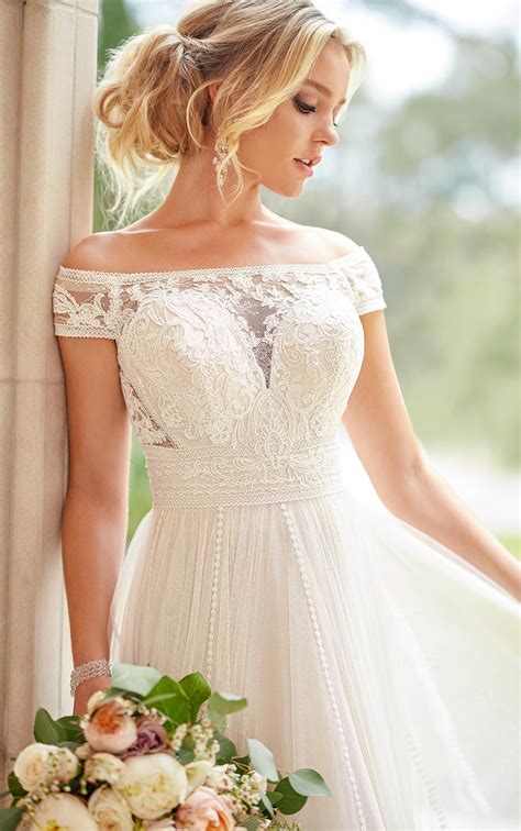 With the neck and shoulders elegantly on display, you can accentuate the shape with a glamorous choker and simple stud earrings. Off-the-Shoulder Wedding Dress with French Lace - Stella ...