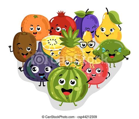 Funny fruit isolated cartoon characters. Cute fruit cartoon characters isolated vector ...
