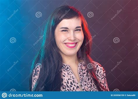 Cheerful Funny Young Brunette Woman With Long Hair Posing On Colourful Background The Concept