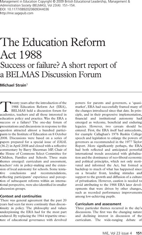 The Education Reform Act 1988 Success Or Failure A Short Report Of A
