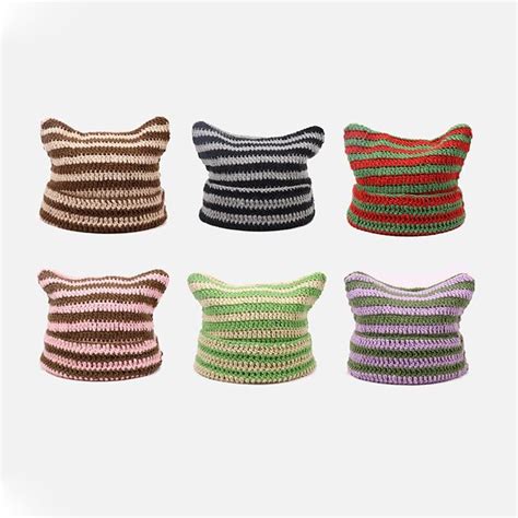 Crochet Striped Kitty Ear Beanie Hat 10 Colours In 2023 Crochet Cat Hat Cat Beanie Crochet
