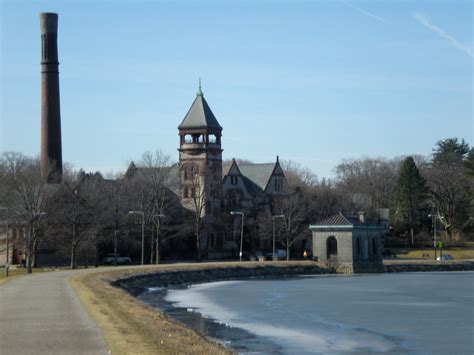 Chestnut Hill Reservoir With Boston Waterworks Museum And Gatehouse