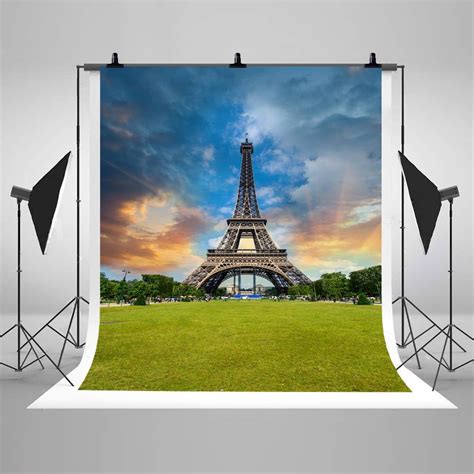 Dusk Paris Eiffel Tower City Building Photography Backdrops Green Grass