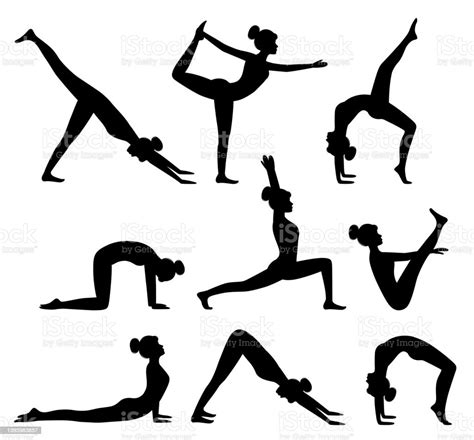 Set Siluet Postur Yoga Wanita Melakukan Latihan Yoga Dan Pilates Gaya Hidup Sehat Latihan