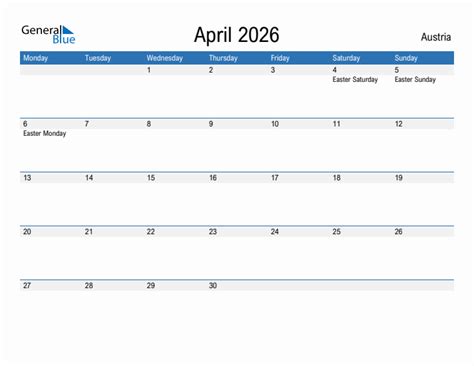 Editable April 2026 Calendar With Austria Holidays
