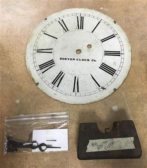 Lot Rare Boston Clock Company Wall Clock Walnut Case Metal Dial With Roman Numerals Reverse