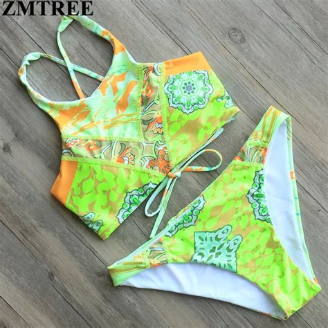 zmtree brand 2017 new high neck bandage bikinis women print swimwear brazilian swimsuit female