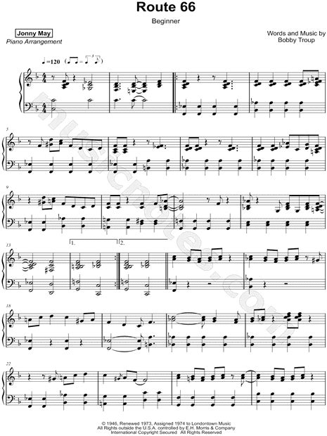 (get your kicks on) route 66, often rendered simply as route 66, is a popular song and rhythm and blues standard, composed in 1946 by american songwriter bobby troup. Jonny May "Route 66 Beginner Version" Sheet Music (Piano Solo) in F Major - Download & Print ...