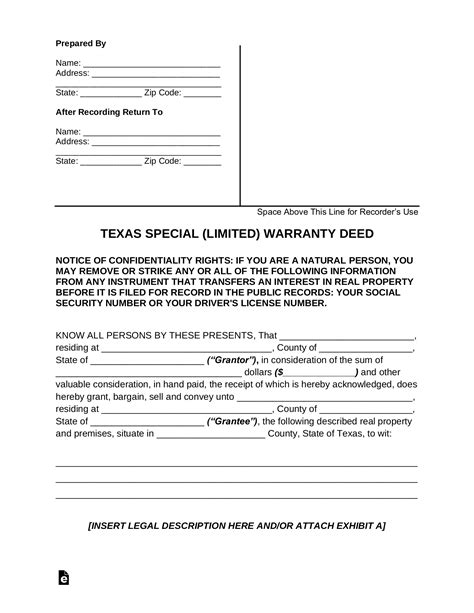 Free Texas Special Warranty Deed Form Pdf Word Eforms