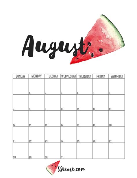 August Calendar Free Printable