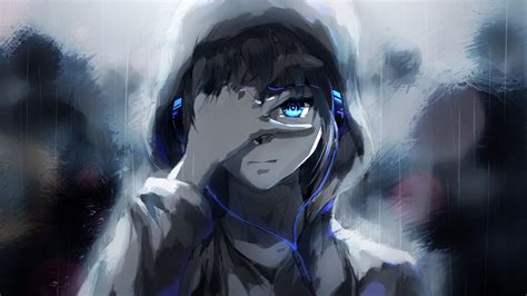 Download 2560x1440 Anime Boy Hoodie Blue Eyes Headphones Painting Wallpapers For Imac 27