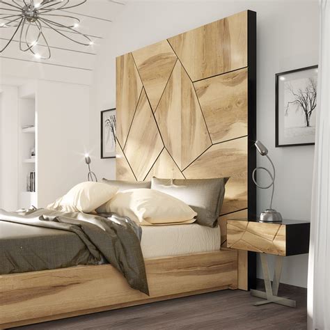 A Modern Bedroom With Wood Paneled Headboard And Bed