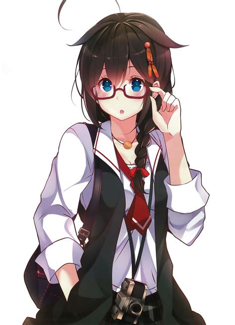 anime girl with brown hair and blue eyes and glasses