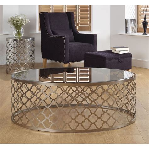 Glass Coffee Table Oval Shape Silver Metal Base Hallway Living Room