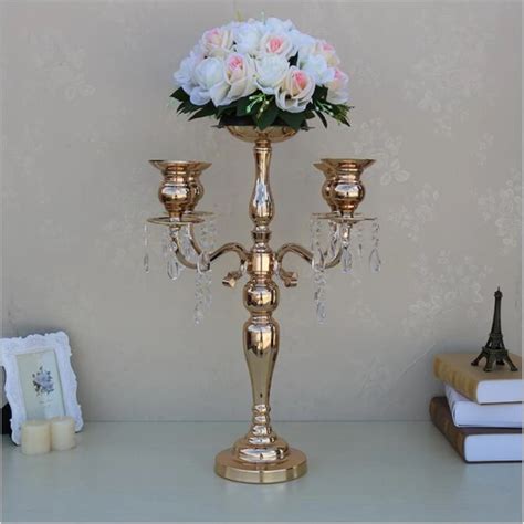 Buy 58 Cm Height 5 Arms Metal Gold Candelabras With Crystal Pendants Wedding