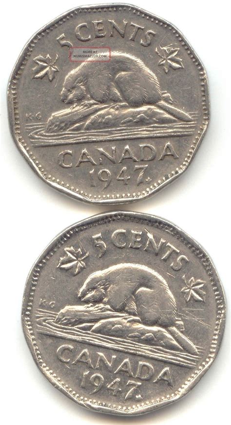 Canada 1947 Maple Leaf 2 Varieties Canadian Nickel 5c Piece Five Cent 5 C