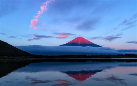 Japan Fuji Evening Mountain Sky Lake Reflection Clouds Sunset Sunrise