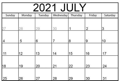 Free Blank July 2021 Calendar Printable Template Holidays Calendar