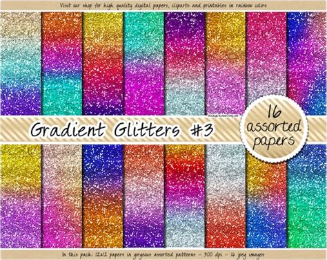 Glitter Digital Paper 16 Rainbow Colors Glitter Paper Pack Printable