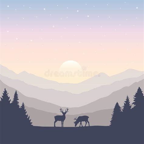 Wildlife Deer On Autumn Mountain And Forest Landscape Stock Vector