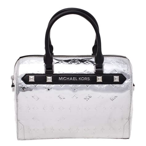 Michael Kors Metallic Silver Mirror Leather Kara Boston Bag Michael