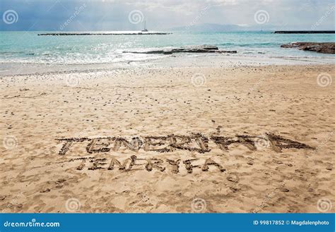 Handwritten Sign On The Gold Sand Torviscas Beach In Costa Adeje Tenerife Canary Islands
