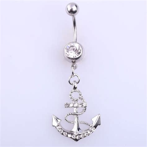 Fashion Women Navel Piercing Nautical Stainless Steel Anchor Rhinestone Tunnel Belly Button Ring