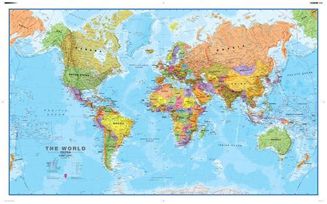 Large Executive World Wall Map Political Wood Frame Teak Gambaran