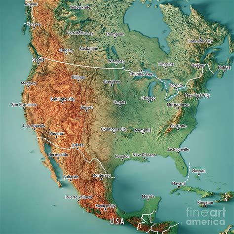 Usa D Render Topographic Map Border Cities Digital Art By Frank