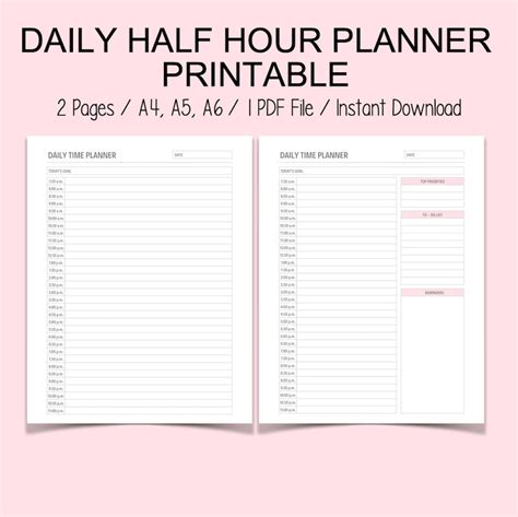 Daily Half Hour Schedule Planner Printable A4 A5 A6 Document Etsy
