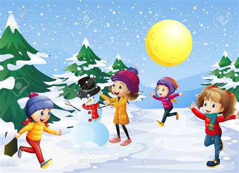 Cartoon Kids Playing With Snow Vector Image On Vector