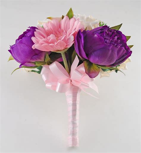 brides purple silk peony and cream rose flowers wedding bouquet budget wedding flowers