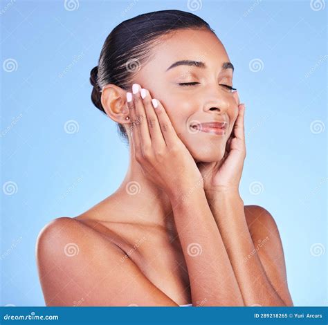 Woman Natural Beauty And Smile With Skincare Face Cleaning And Skin Glow In Studio Facial