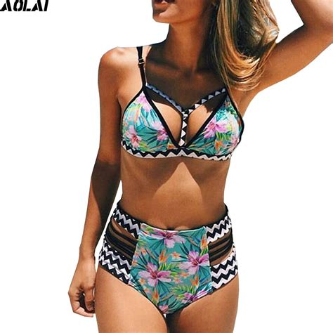 2017 Green Floral Swimwear Women High Waist Bikini Bandage Swimsuit