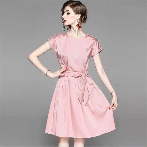 Office Wears Clothes Women Dress Pink Button A Line Beading Dresses