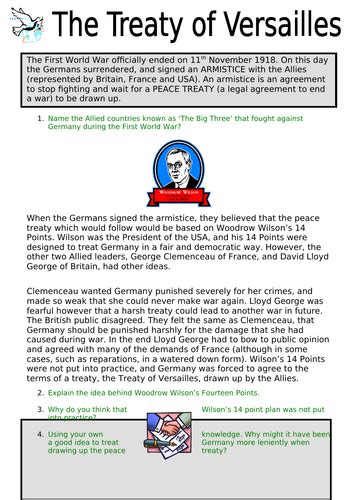Work Sheet On Treaty Of Versailles Teaching Resources