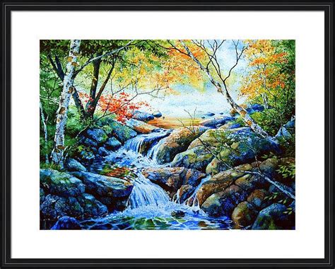 Misty Autumn Creek Waterfall In The Woods Painting
