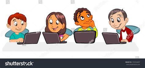 4 Children Using Laptop Computers Cartoon Stock Vector