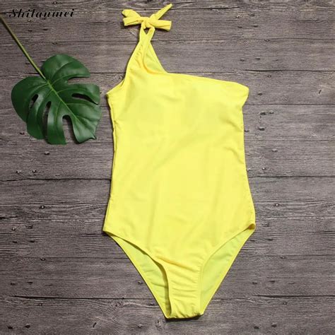 Yellow One Shoulder Bikini 2018 High Cut Solid Bathing Suit Women Bathers Push Up Sexy Swimsuit