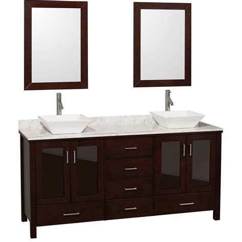 Corner wall mounted vanity combo in black with ceramic sink in white with faucet drain and overflow. 72" Lucy Double Vessel Sink Vanity