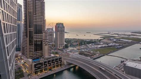 Jbr And Dubai Marina After Sunset Aerial Day To Night Timelapse Stock